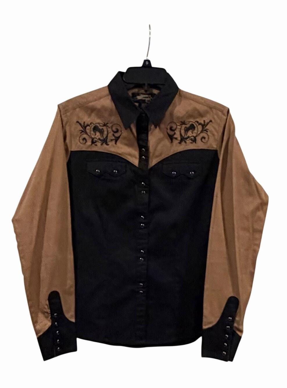Vintage Women’s Wrangler Black & Tan Button Down Top Size S Embroidered Horse